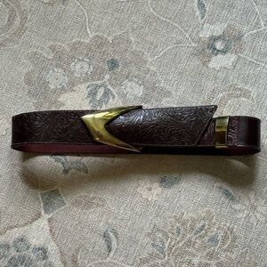 Brown Embossed Leather Waist Belt with a Large Gold Buckle